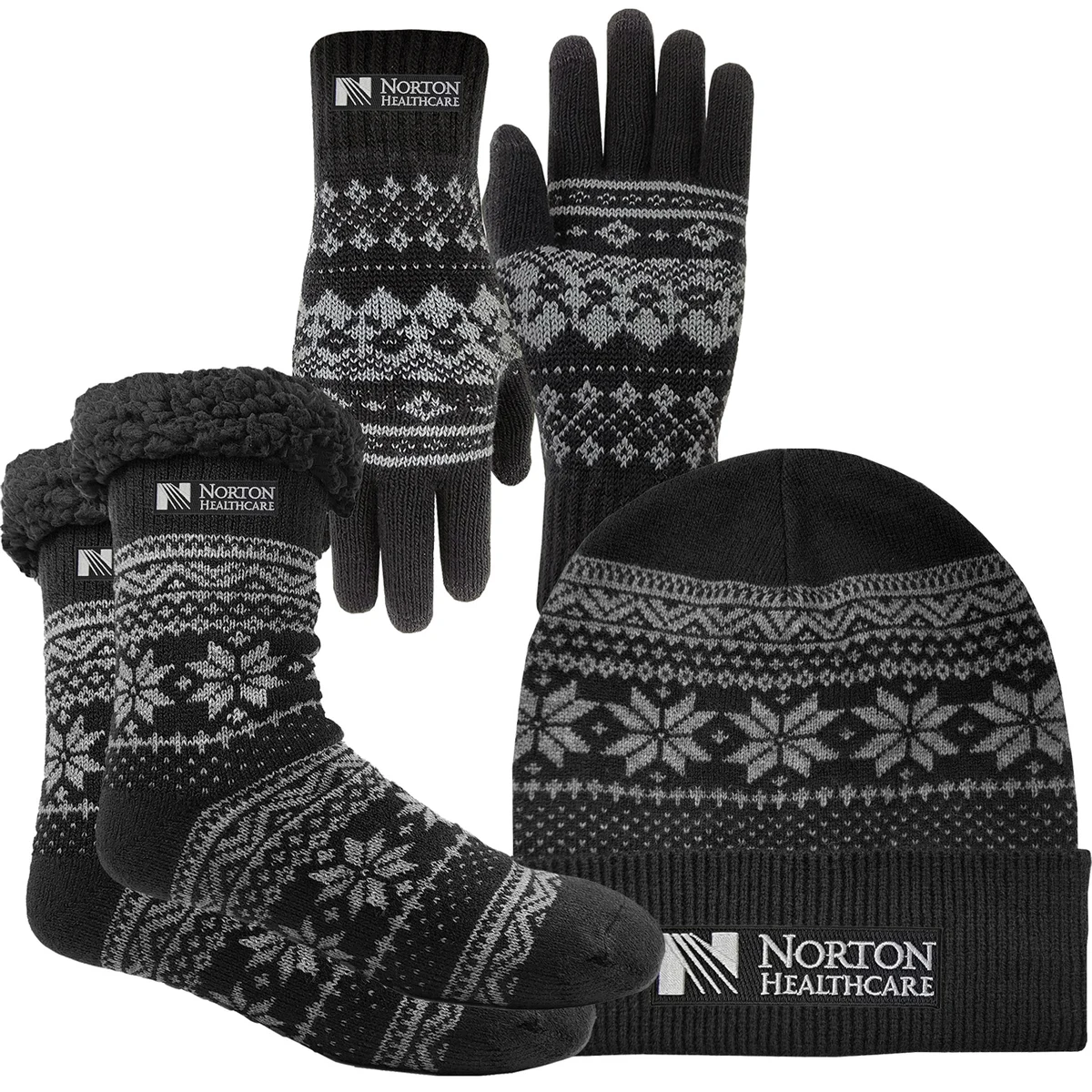 Winter Snowflake Knit Rolled Beanie Cap, Sherpa Lined Socks & Text Gloves Combo 1