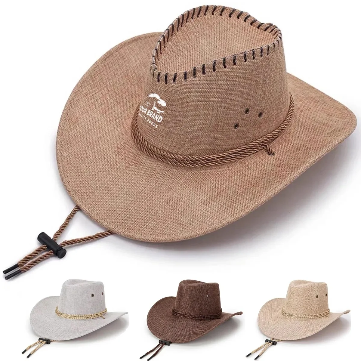 Men's Outdoor Beach Western Cowboy Wide Brim Linen Sun Hat 1