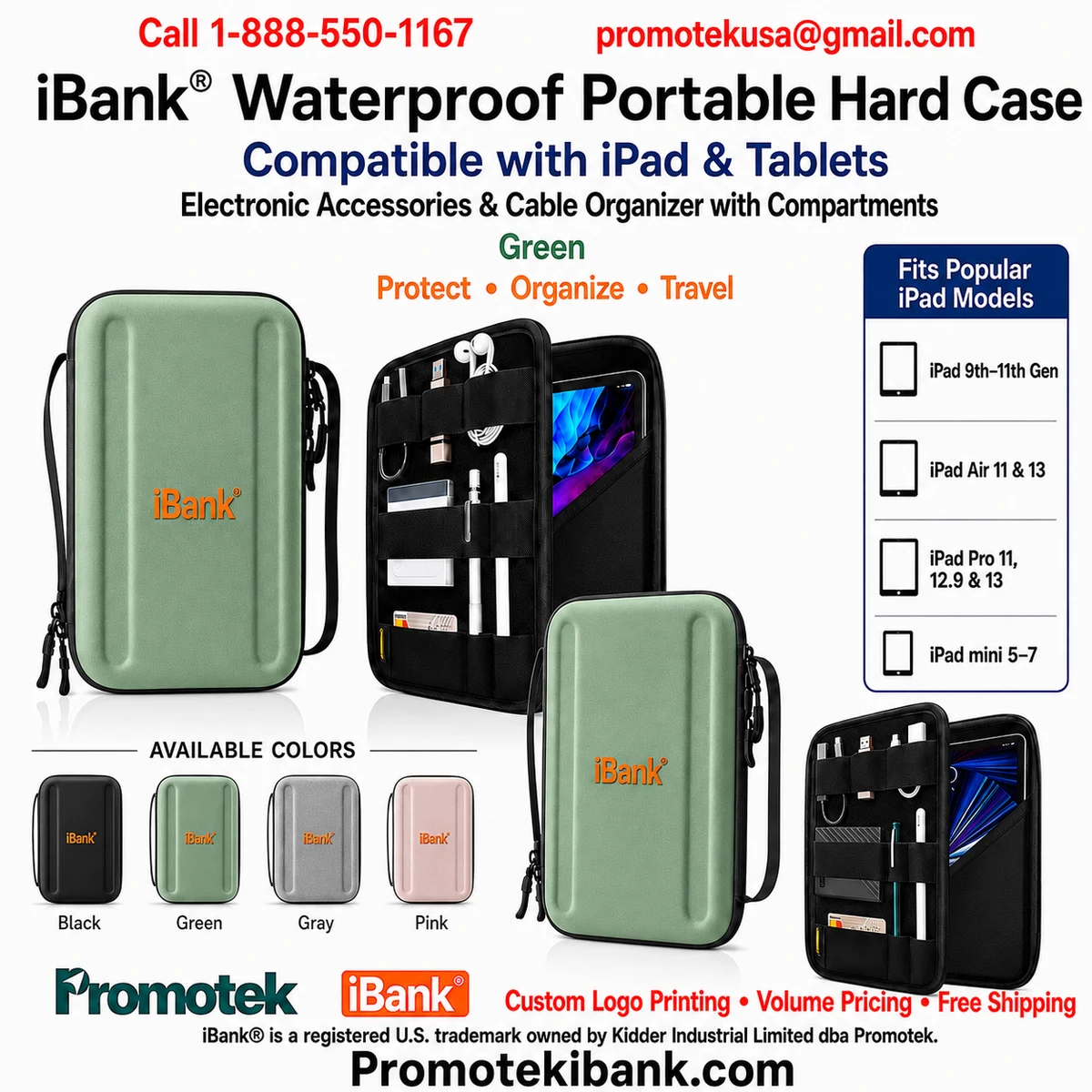 iBank® Waterproof Portable Hard Case for Tablets, Electronic Accessories Cable Organizer 1