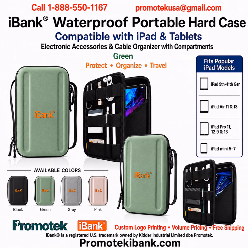 iBank® Waterproof Portable Hard Case for Tablets, Electronic Accessories Cable Organizer
