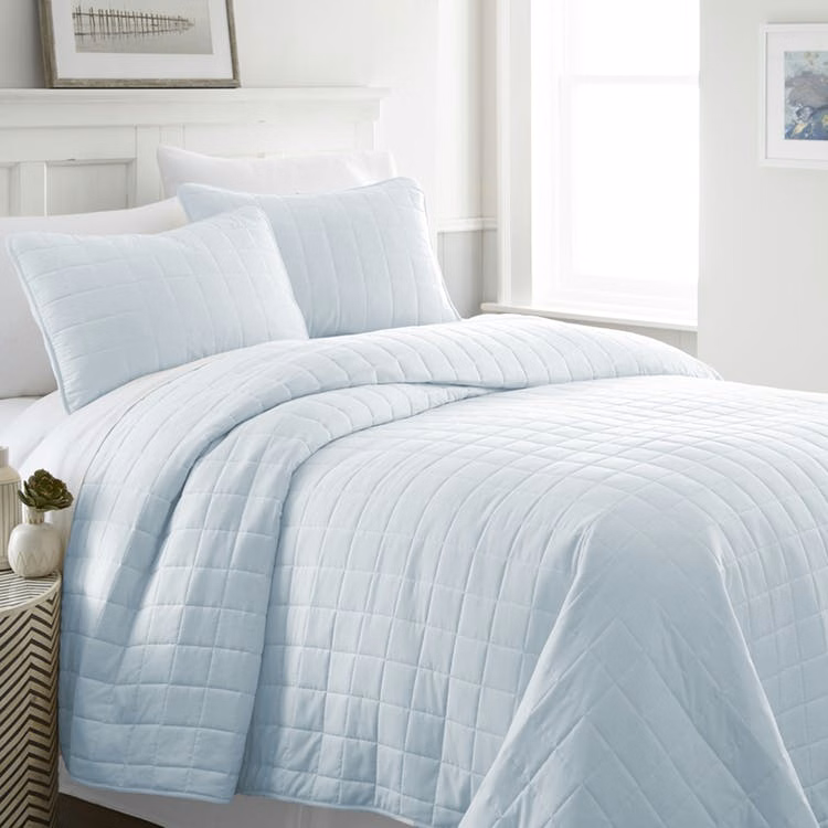 Quilted Coverlet Sets - Pale Blue Queen 3 Piece