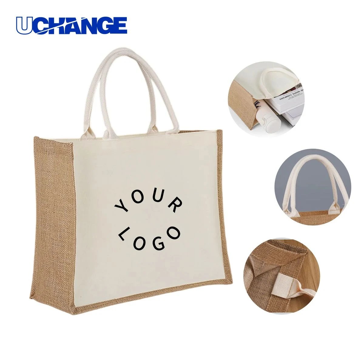 Jute Tote Bag Carrier with Canvas Panel, custom tote bag with logo imprint 1