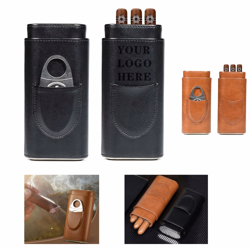 Custom Debossed Logo PU Leather 3-Count Cigar Case With Nickel Trim