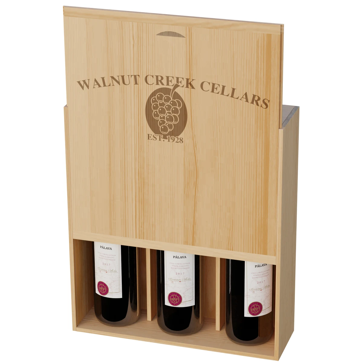 Three Bottle Wine Box with Dividers & Brand 1
