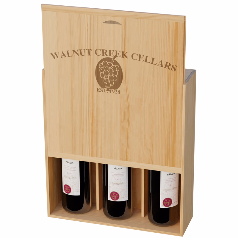 Three Bottle Wine Box with Dividers & Brand