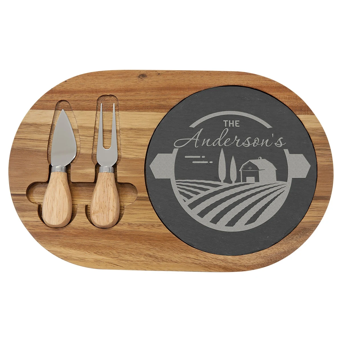 12 1/2" x 7 3/4" Charcoal Gray/Brown Acacia Wood/Slate Oval Cheese Set with Two Tools 1