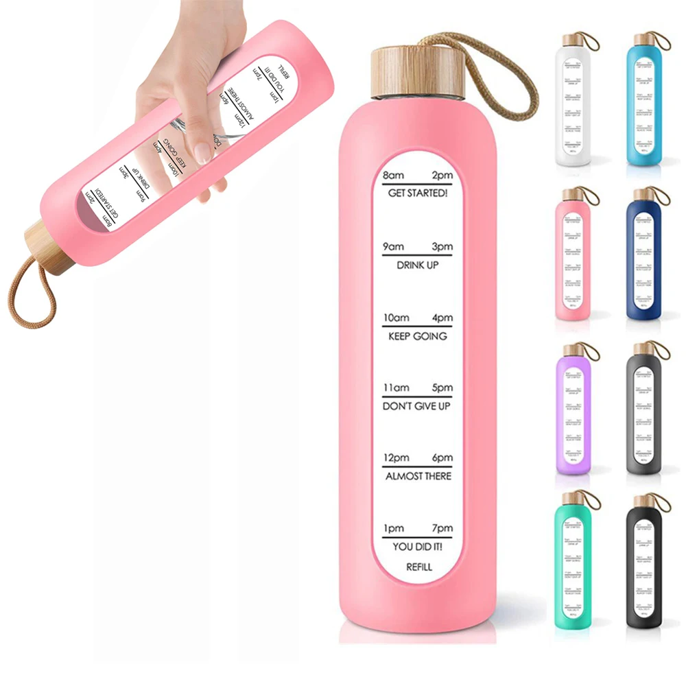 32Oz. Motivational Time-Marked Glass Water Bottle 1