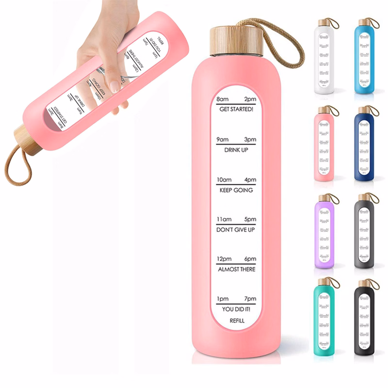 32Oz. Motivational Time-Marked Glass Water Bottle
