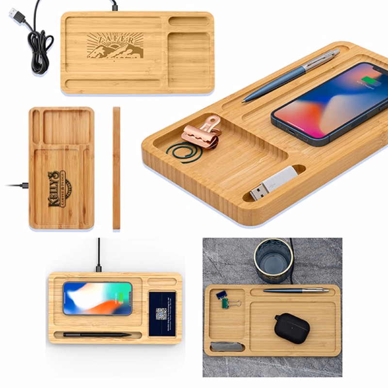 Bamboo Desk Organizer Wireless Charger
