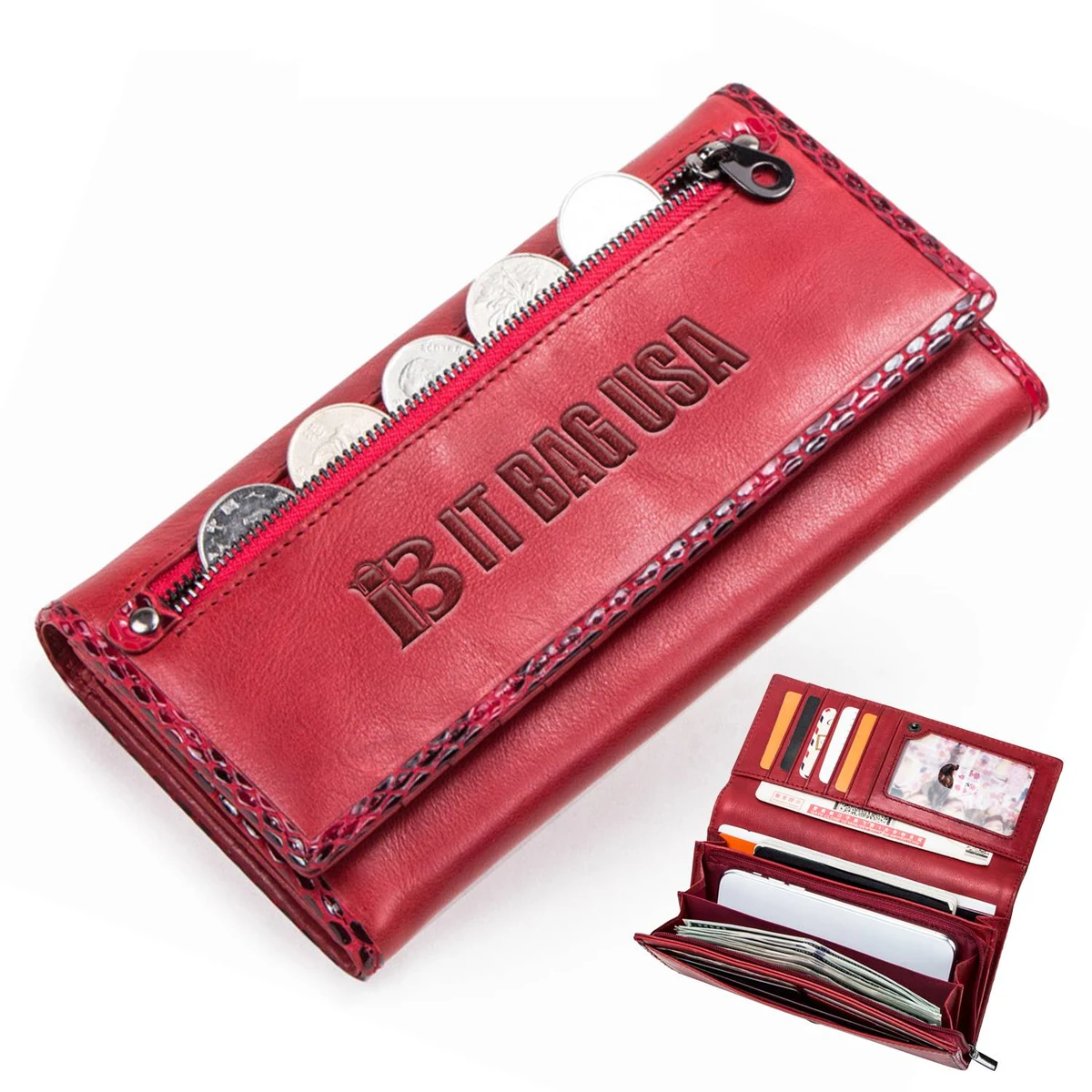 Genuine Leather fold Covered crocodile Waterproof Wallet Red 1