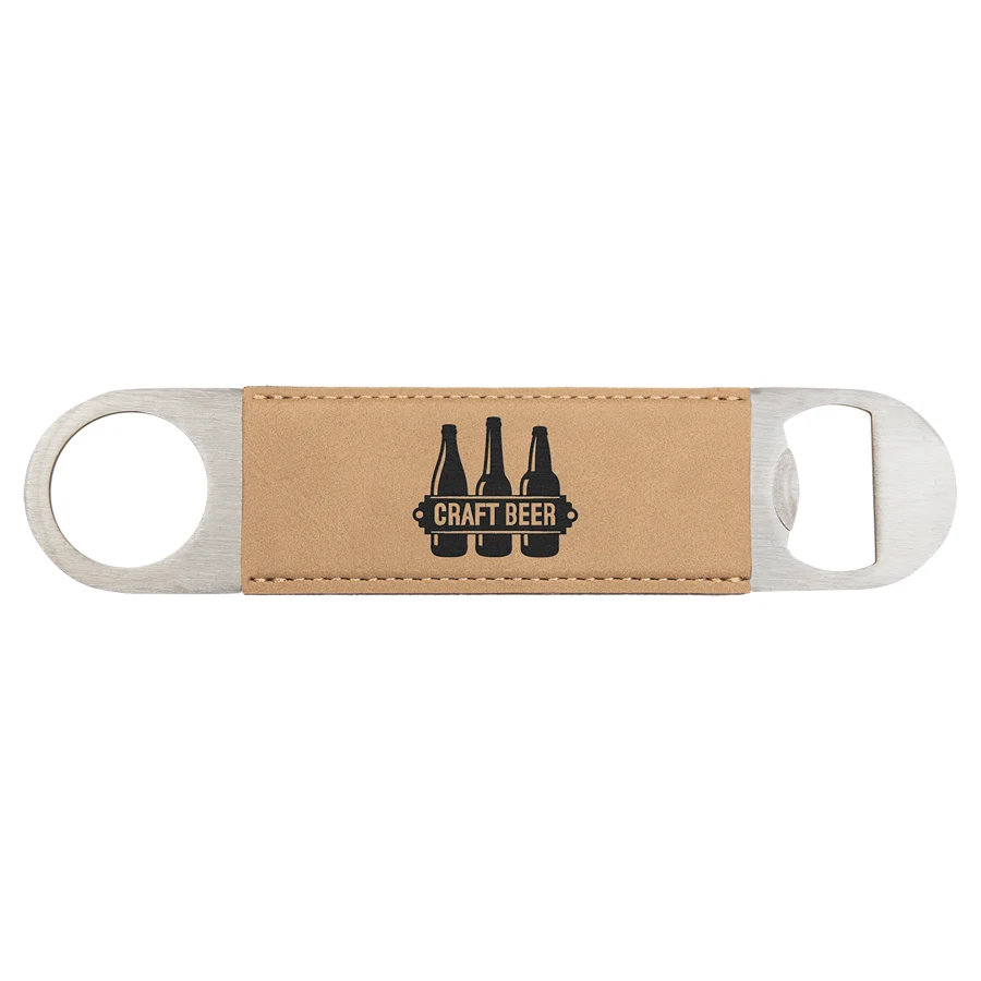 1 1/2" x 7" Light Brown Leatherette Bottle Opener 1