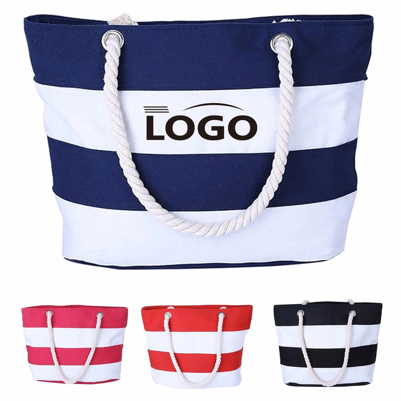 Burlap Rope Strap Striped Patchwork Large Tote Bag