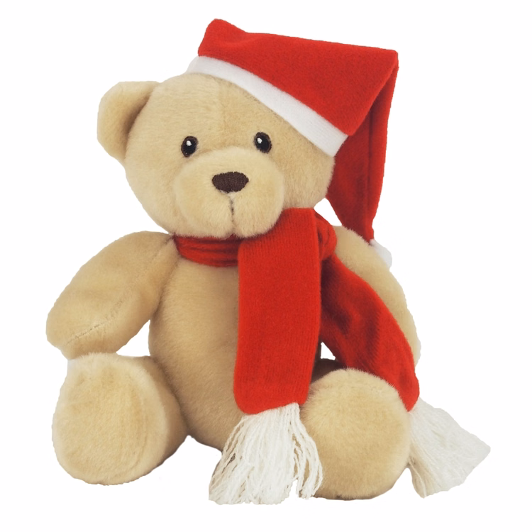 6" Tan Honey Bear with Santa Hat and Red Scarf