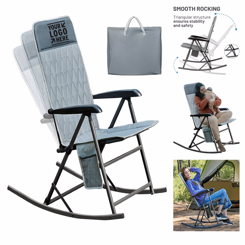 Support 300 LBS Padded High Back Folding Side Pocket Portable Foldable Rocking Lawn Chair