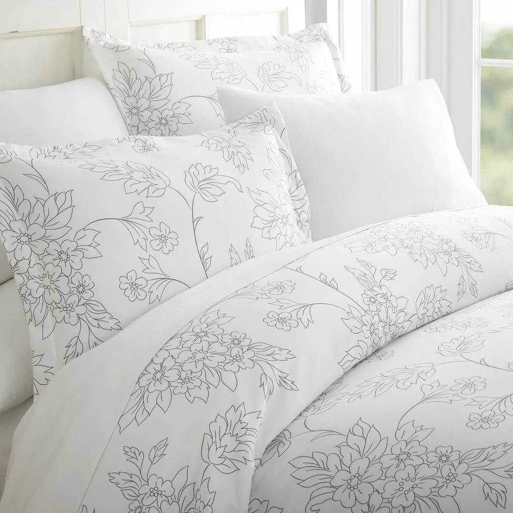 Duvet Cover Sets - Gray Floral Pattern Queen 3 Piece 1