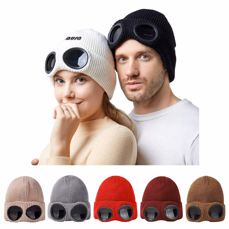 Windproof Goggles with Fleece Lined Knit Ski Hat