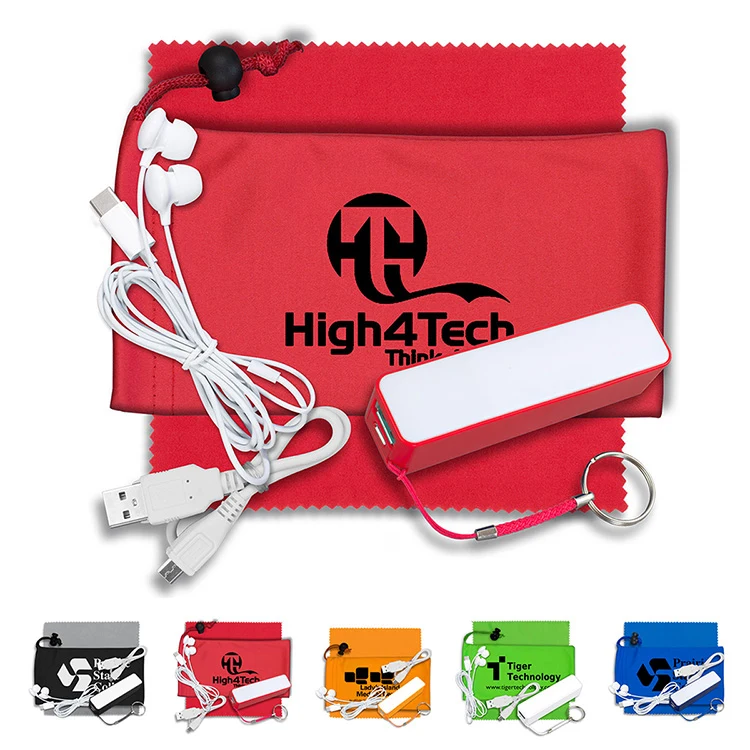 Mobile Tech Power Bank Accessory Kit with Earbuds in Microfiber Cinch Pouch 1