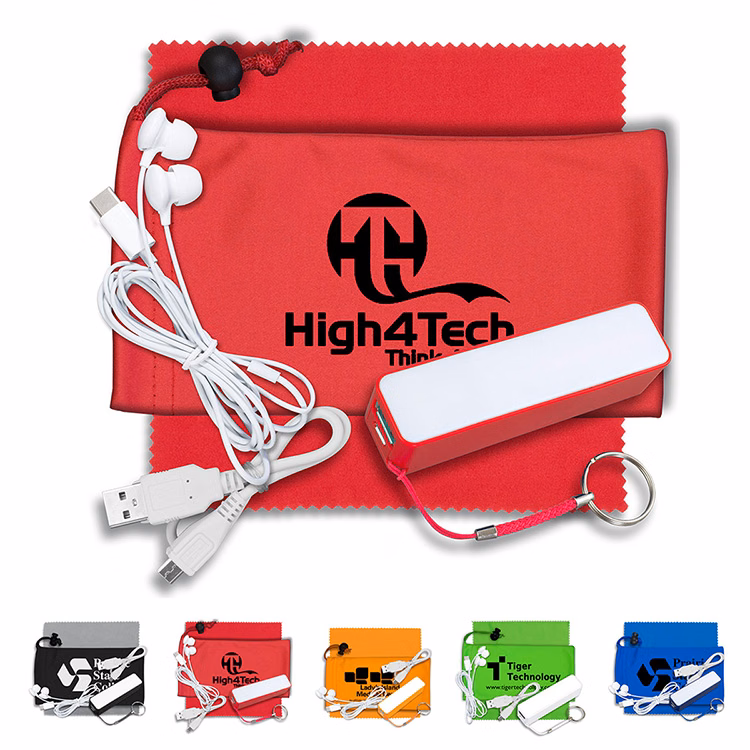 Mobile Tech Power Bank Accessory Kit with Earbuds in Microfiber Cinch Pouch