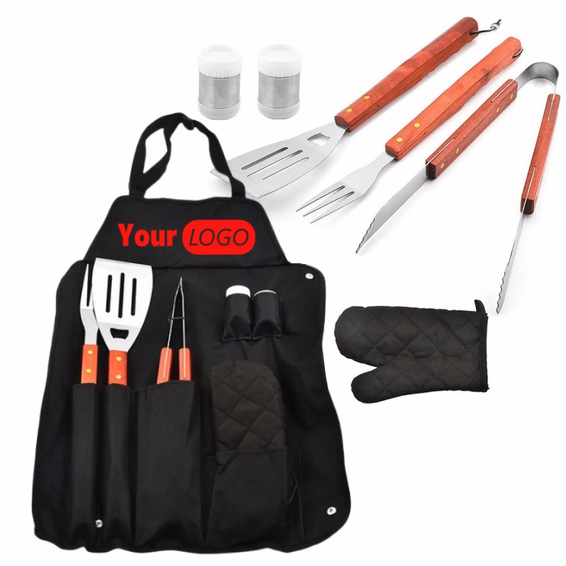 Stainless Steel BBQ Grill Tool Set Natural Wood Handle Party