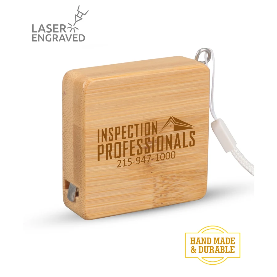 Union Printed - Bamboo Wood (3ft) Square Shaped Tape Measure and Wrist Band with Laser Engraved Logo 1