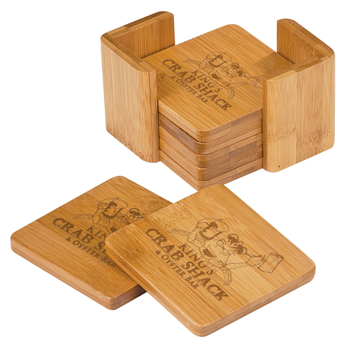 3 3/4" x 3 3/4" Bamboo Square 6-Coaster Set with Holder 1