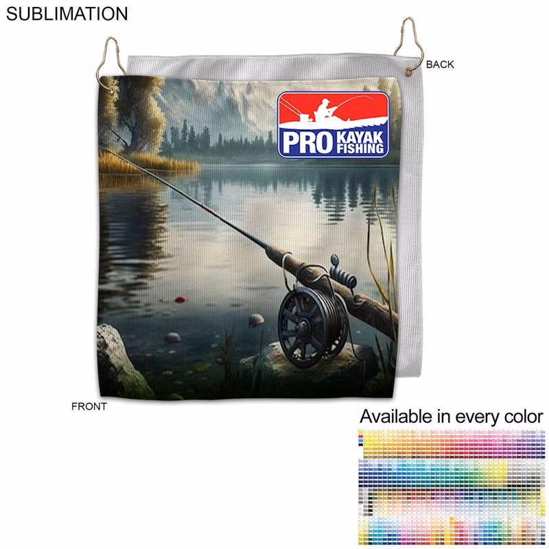Colored Microfiber Dri-Lite Terry Fishing Towel, size 10x10, Nofold Grommet & Hook, Sublimated