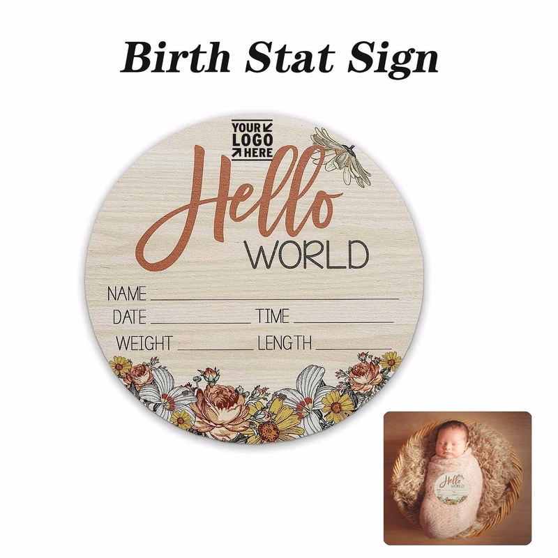 6 Inch Birch Wood Floral Design Newborn Baby Birth Stat Sign New Mom Gift