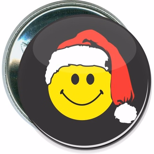 Smiley face with Santa hat, Holiday Christmas Button