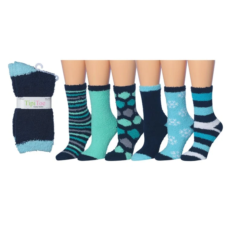 Women's Fuzzy Crew Socks - Size 9-11 Blue Designs Skid-Proof 1