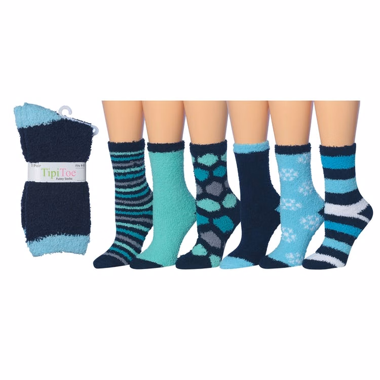 Women's Fuzzy Crew Socks - Size 9-11 Blue Designs Skid-Proof