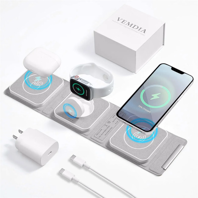 3 in 1 Foldable Wireless Charger with  Wall Plug & Gift Box