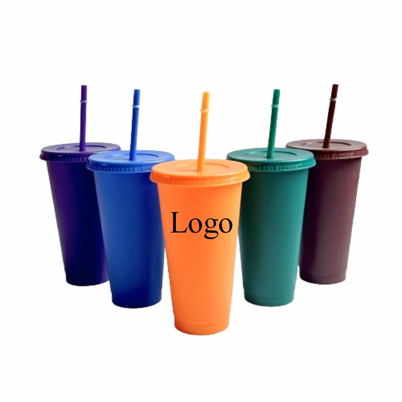 24oz Reusable Plain Plastic Cups With Lids And Straws