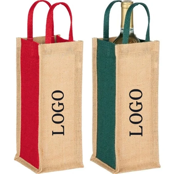 Jute Single Bottle Wine Tote, custom tote bag with logo imprint 1