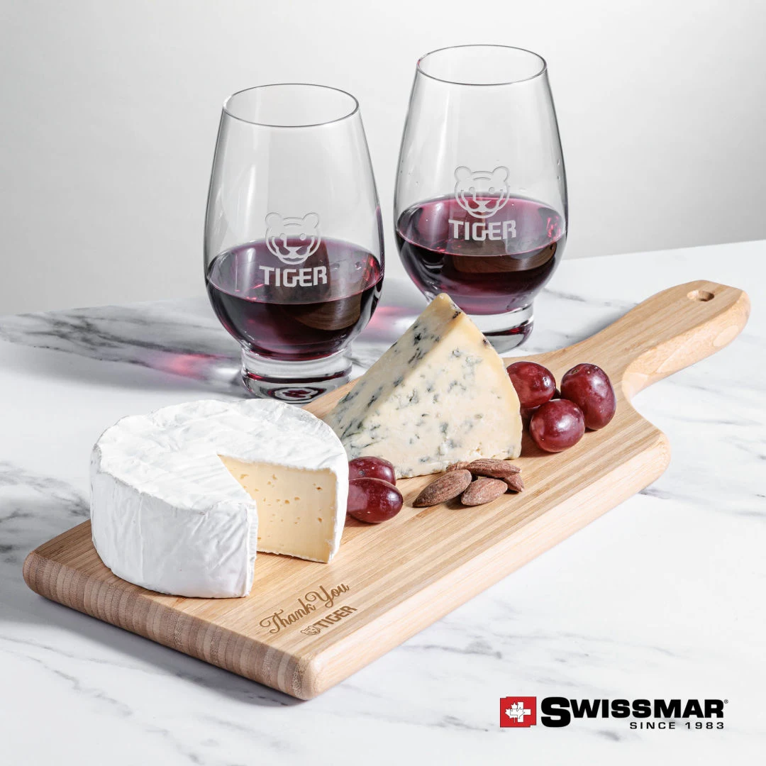 Swissmar® Bamboo Board & 2 Glenarden Stemless Wine 1