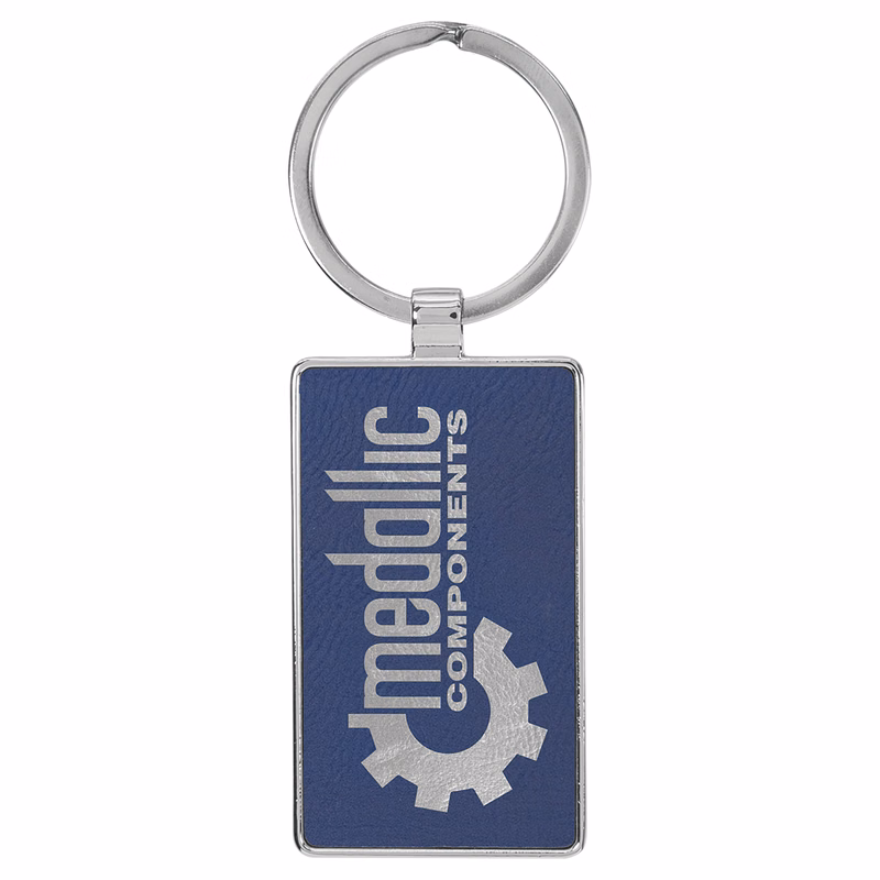 2 3/4" x 1 1/4" Leatherette/Metal Blue/Silver Rectangle Keychain