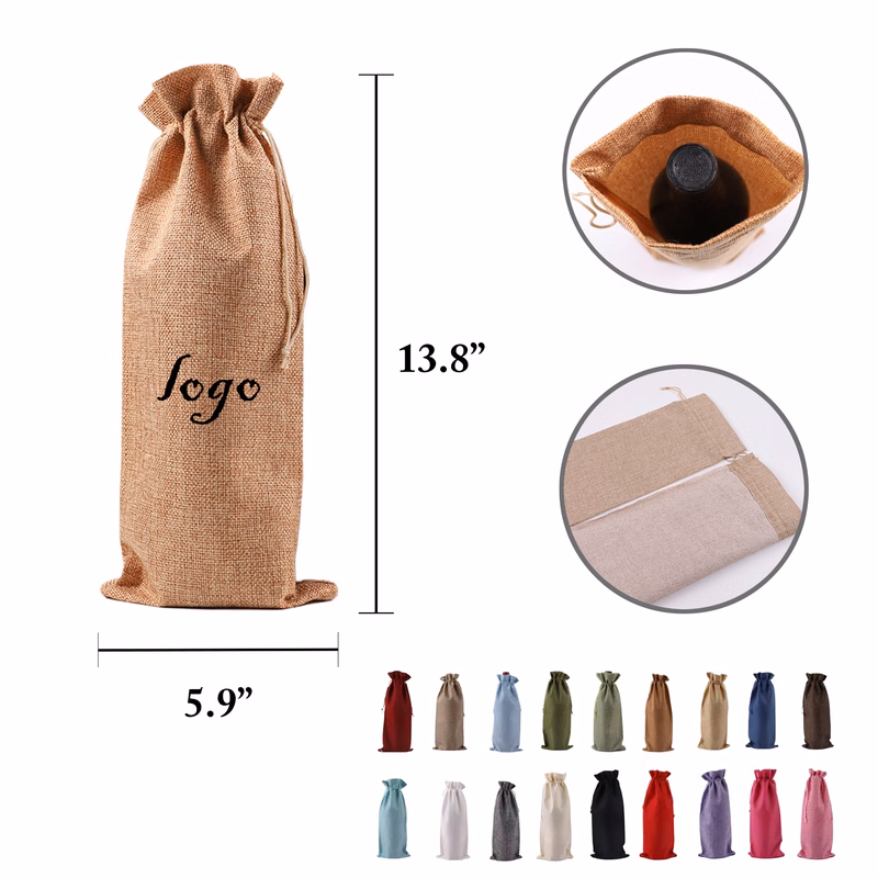 MOQ20 Burlap Wine Bag Set With Drawstring Closure