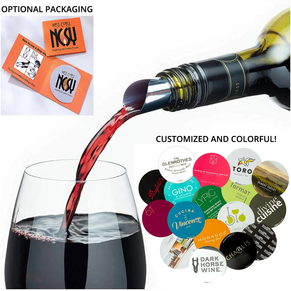 SipStop No-Drip Wine Pourer & 9-Pack Custom Coasters 1