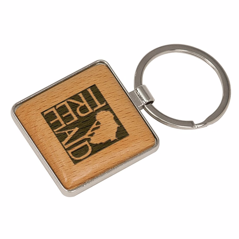 1 9/16" x 1 9/16" Wood/Silver Square Keychain