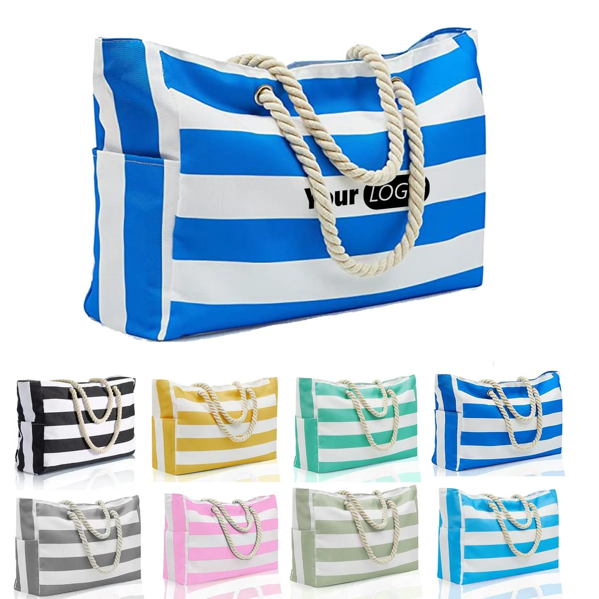 Striped Canvas Beach Tote, custom tote bag with logo imprint 1