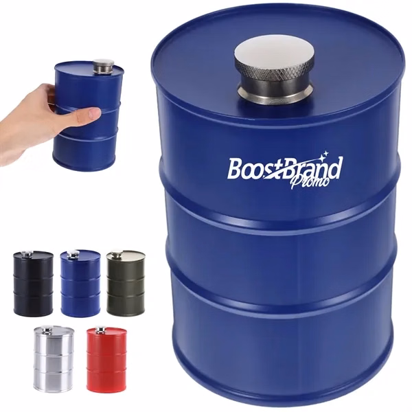 Custom 25 oz Oil Drum-Shaped Hip Flask with Cap — Novelty Beverage Container