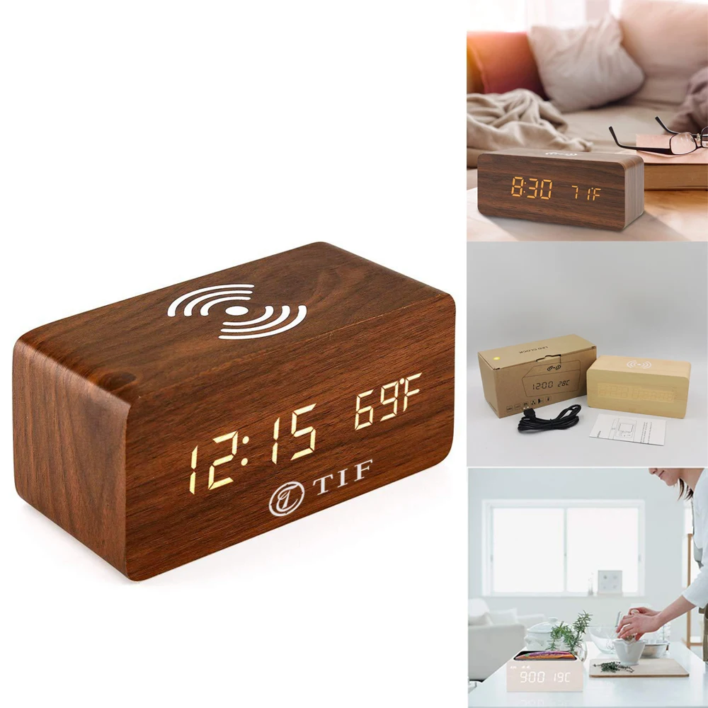 5W Wood Digital Clock w/ Wireless Charger 1