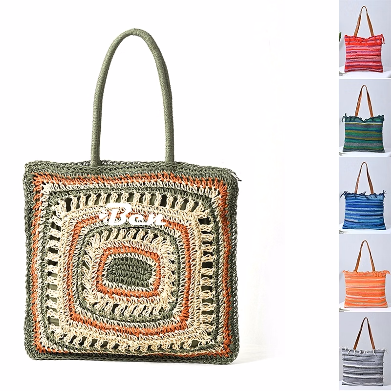 Square Natural Straw Bag Hand Woven Round Handle Handbags