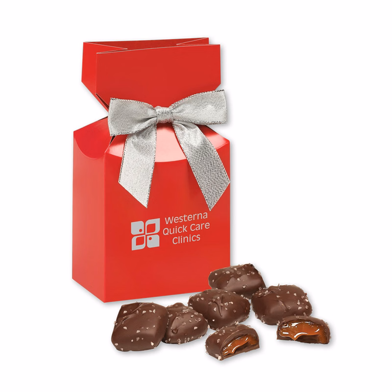 Chocolate Sea Salt Caramels in Red Premium Delights Gift Box