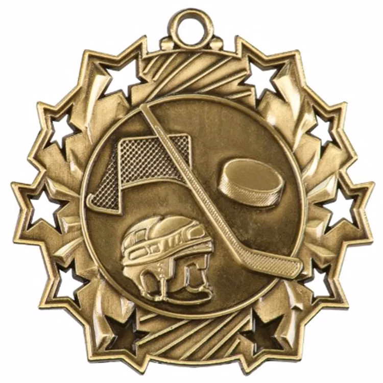 2 1/4" Ten Star Antique Finish Medal-Hockey
