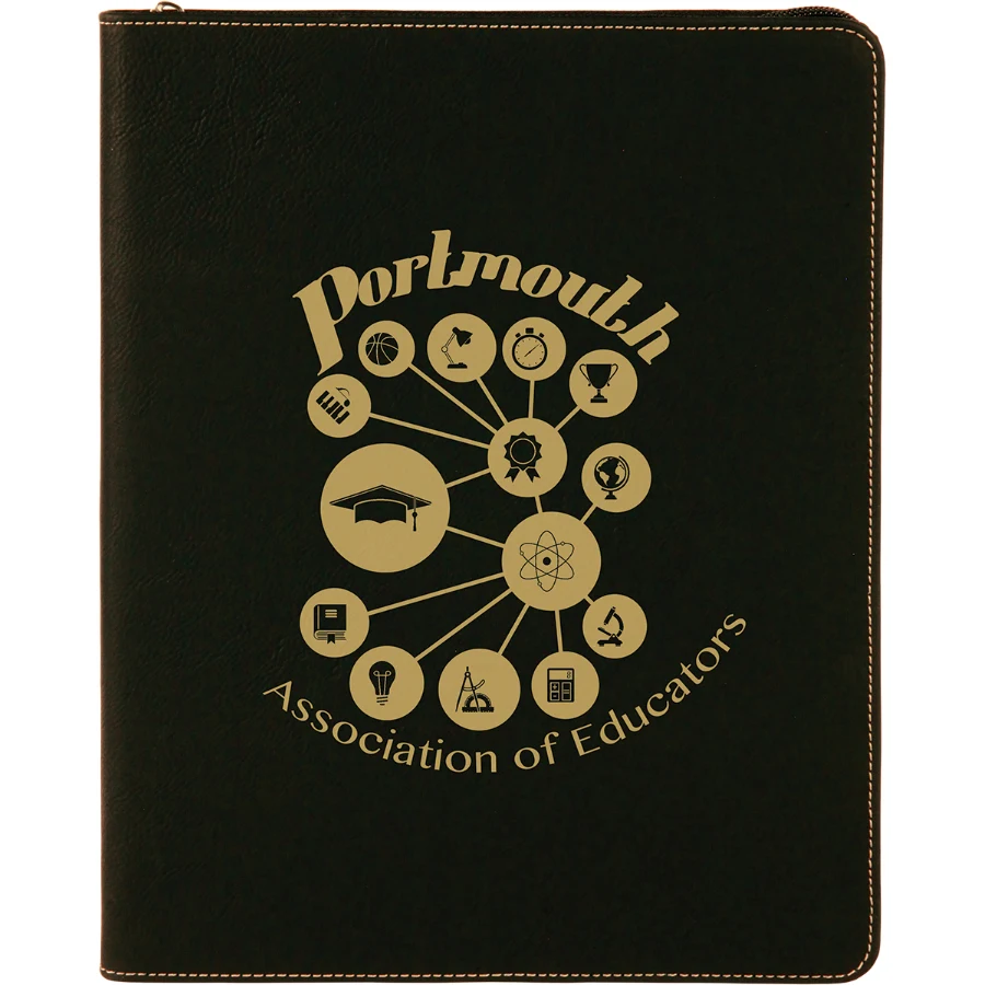 9 1/2" x 12" Black/Gold with Zipper Leatherette Portfolio with Notepad 1