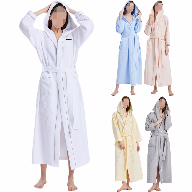 Cotton Waffle Long Hooded Bathrobe