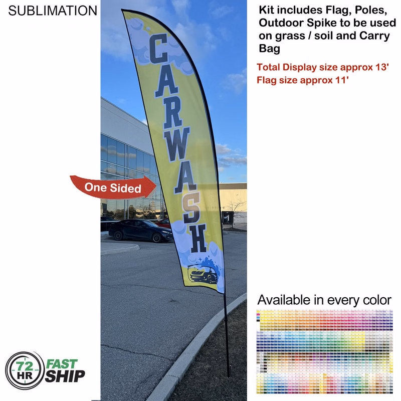 72 Hr Fast Ship - 13' Medium Feather Flag Kit, Full Color Graphics One Side, Spike and Bag Included.