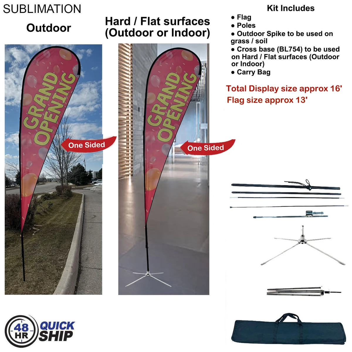 48Hr Quick Ship -16' XL Tear Drop Flag Kit, Full Color Graphics One Side, Outdoor & Indoor Use 1