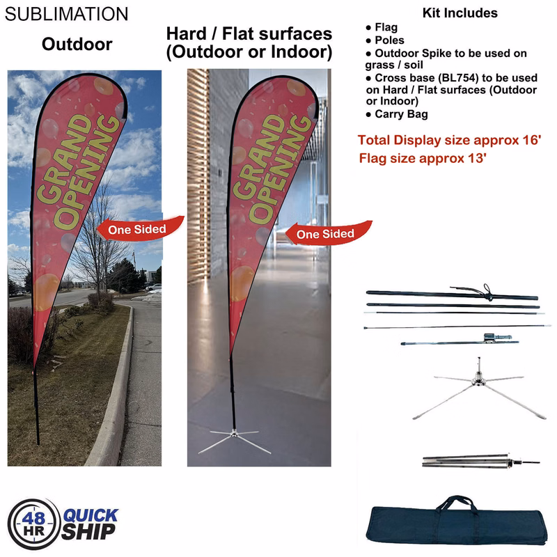 48Hr Quick Ship -16' XL Tear Drop Flag Kit, Full Color Graphics One Side, Outdoor & Indoor Use