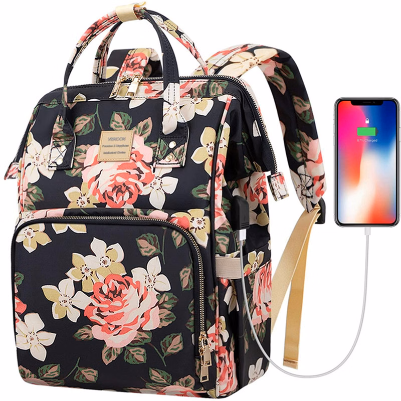 Flower Printed 15.6 Inch Laptop Backpack Usb Charging Port